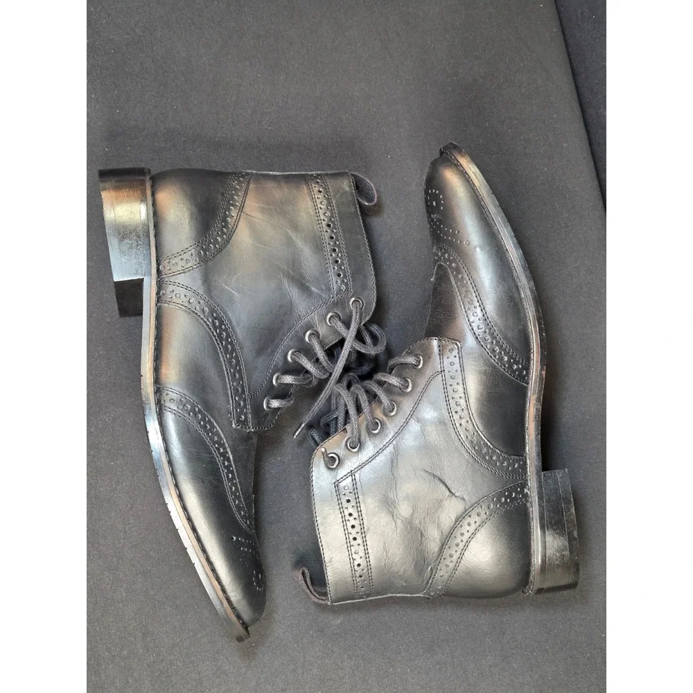 JCobbler Mens Black Leather Wingtip Brogue‎ Lace Up Dress Boots Size 41